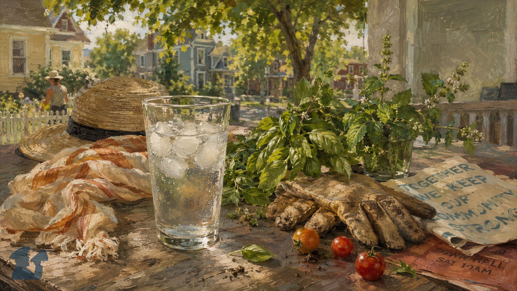 Oil painting of a Minnesota summer porch still life with iced water, gardening gloves, herbs, cherry tomatoes, a sun hat, and a folded community sign on a weathered table. Oil painting of a Minnesota summer porch still life with iced water, gardening gloves, herbs, cherry tomatoes, a sun hat, and a folded community sign on a weathered table.