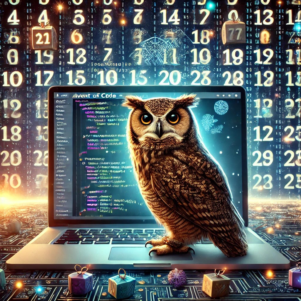 A wise owl sitting on a laptop screen displaying complex SQL code. The background features a digital advent calendar with numbers lighting up, representing the Advent of Code challenge.