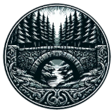 norse design - like a medieval woodcarving. old, worn, stone bridge in the forest. border