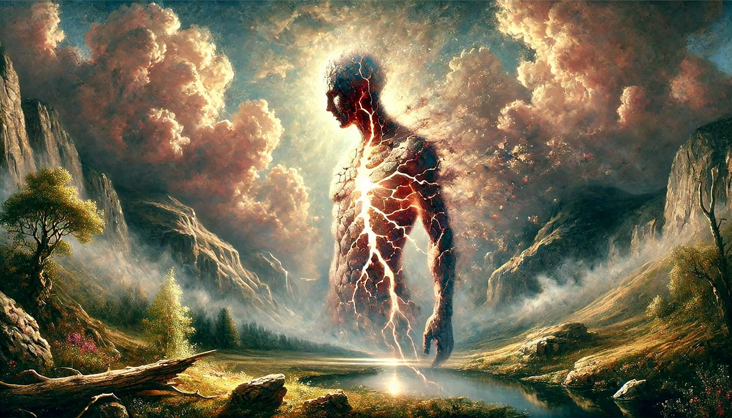 A Romanticism-style, landscape-oriented painting of a human figure depicted as fragmented or cracked, with ethereal, radiant light gently pouring out from the cracks. The scene features a dramatic, moody sky with soft clouds, evoking a sense of awe and emotional depth. The figure stands in a serene natural setting, surrounded by misty mountains and a tranquil valley, blending the beauty of nature with the inner transformation of the figure. The composition emphasizes the sublime and the spiritual emergence of authenticity.