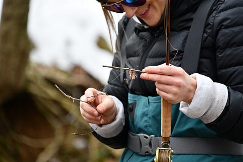 Pictures of man and woman untangling fly line from trees and rods.