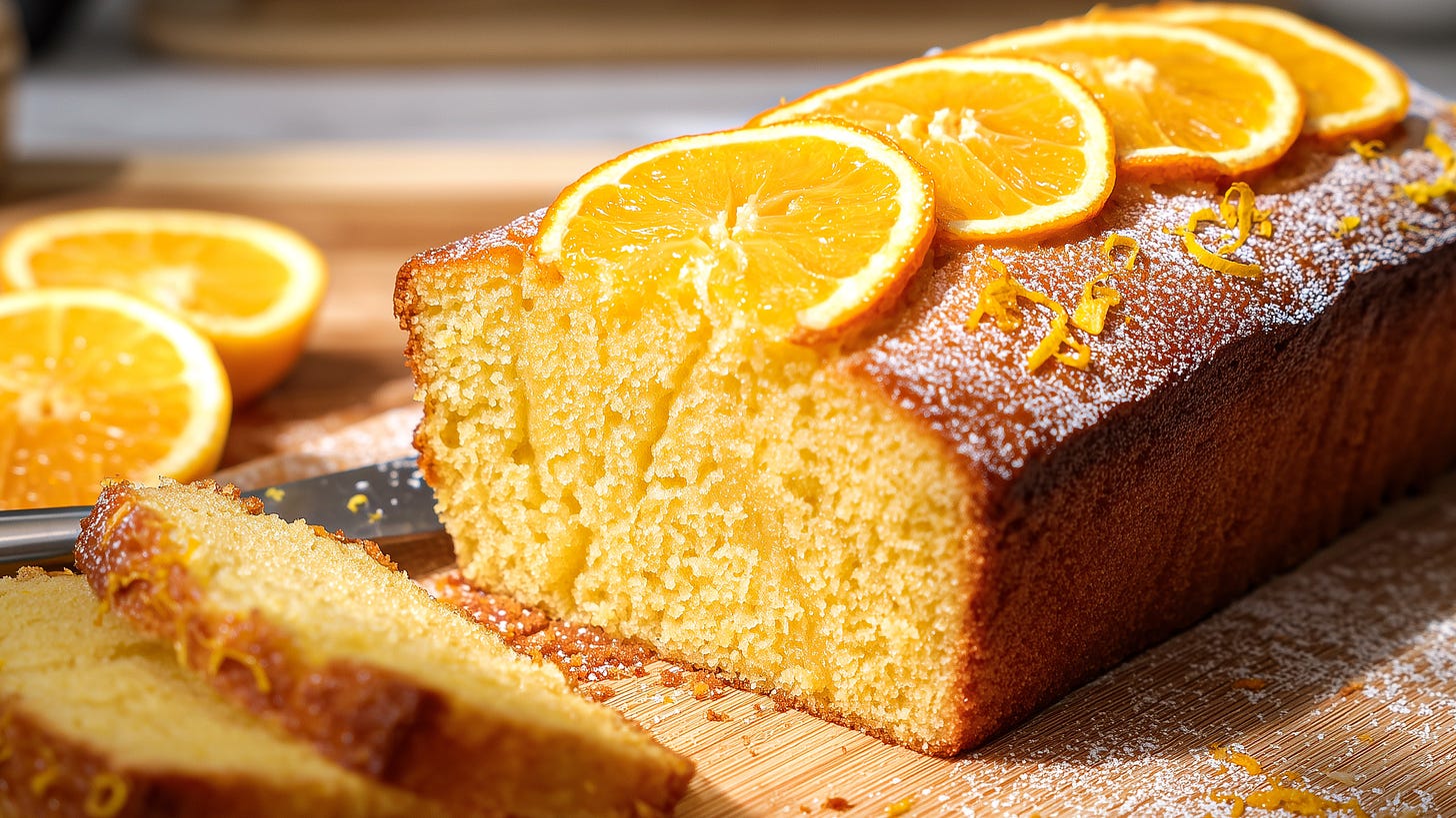 Moist orange loaf cake topped with fresh orange slices and powdered sugar