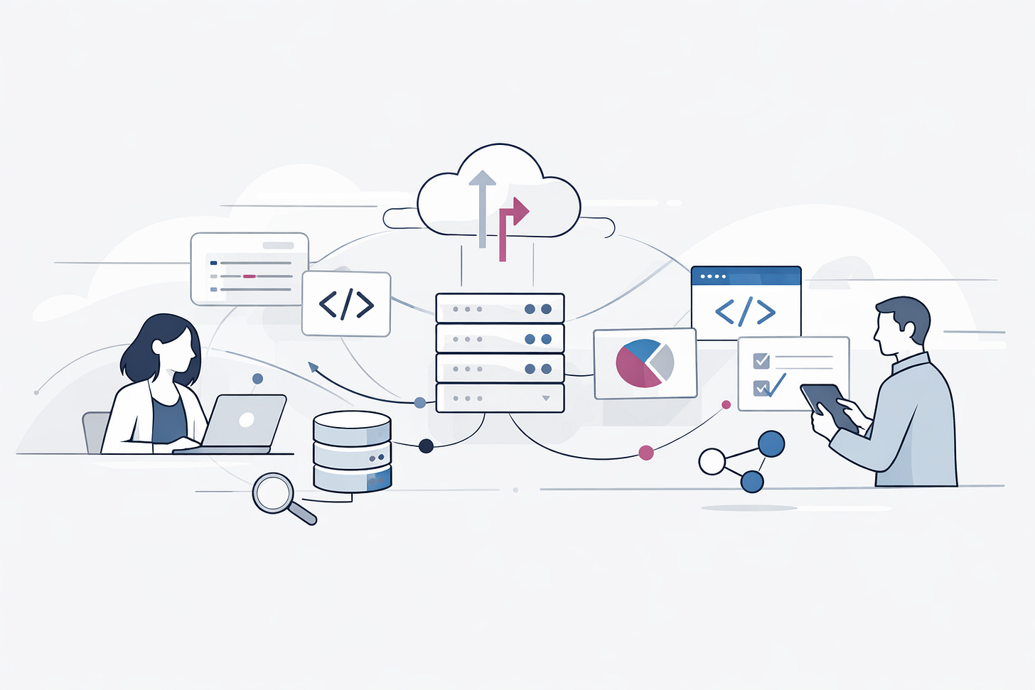 Server-side web architecture with connected services and data flows, illustrated in a clean vector style Server-side web architecture with connected services and data flows, illustrated in a clean vector style