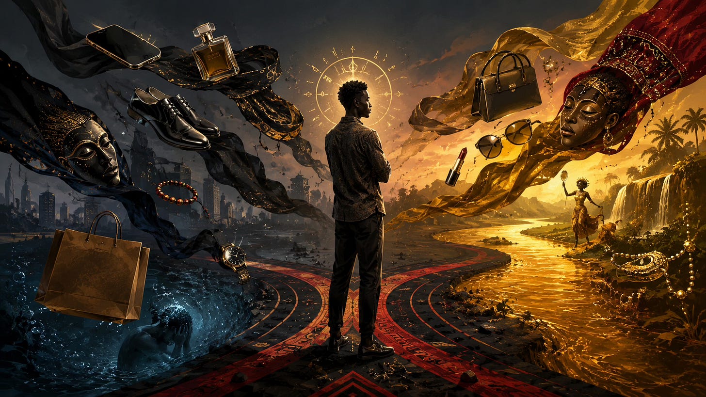 A cinematic 16:9 illustration shows a modern Black figure standing at a symbolic crossroads between a dark urban marketplace and a golden spiritual river. Floating around him are luxury objects such as shoes, perfume, a phone, jewelry, sunglasses, and shopping bags, appearing like masks or protective coverings. Red and black road patterns suggest Èṣù’s crossroads, a golden river evokes Ọ̀ṣun, and a deep indigo watery abyss suggests Olókun. A luminous halo around the figure’s head represents Orí and inner alignment.