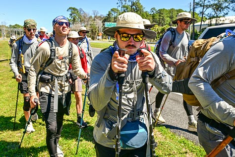 Troy University’s chapter of Alpha Tau Omega finished their 128.3-mile walk from the Troy quad to Panama City Beach on Wednesday. The fraternity raised $140,000 for Jeep Sullivan’s Wounded Warrior Outdoor Adventures. (PHOTO/Joey Meredith)