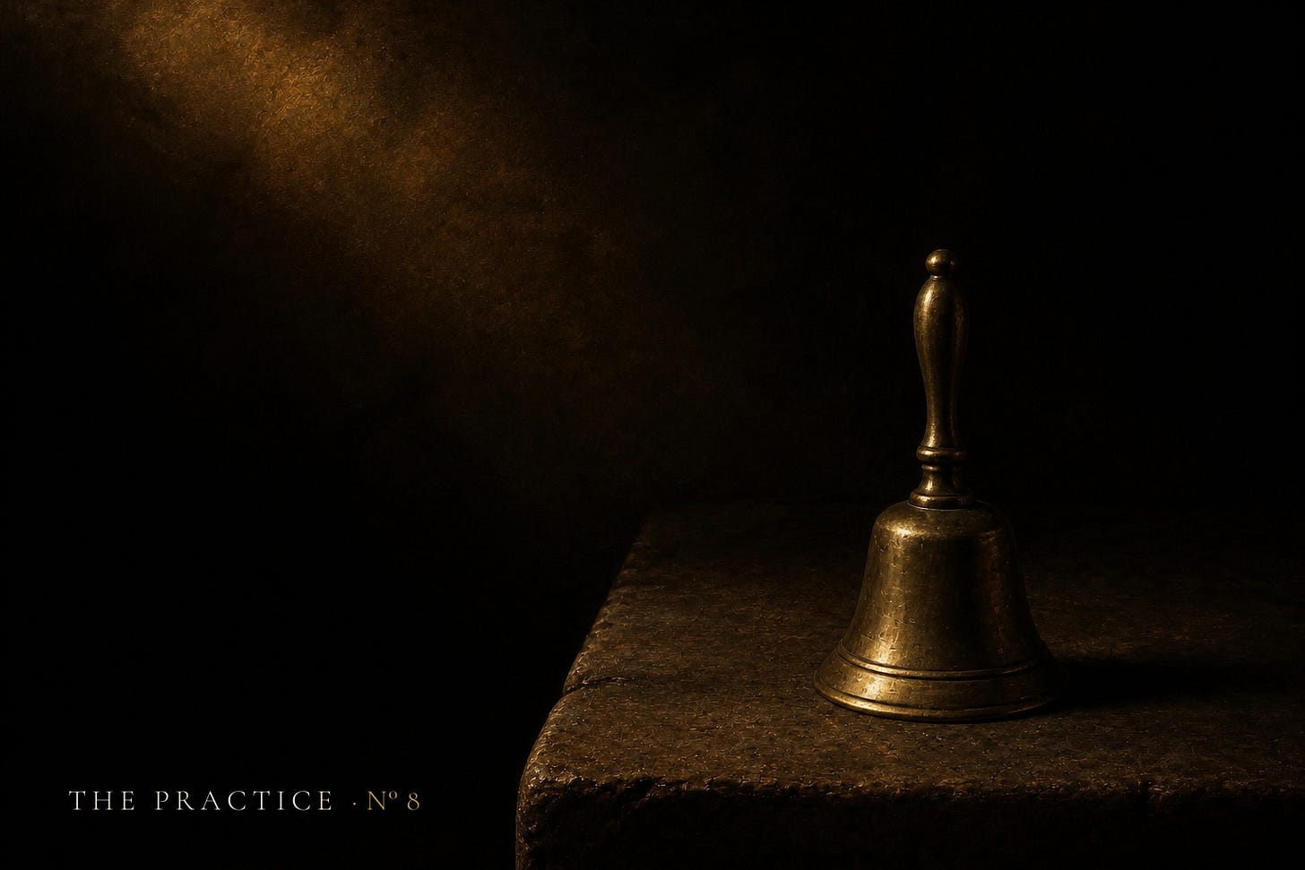 A brass hand-bell resting on a worn stone threshold in warm chiaroscuro light. A brass hand-bell resting on a worn stone threshold in warm chiaroscuro light.