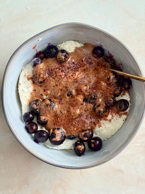 blueberry vanilla protein breakfast bowl, gluten-free banana bread loaf, almond butter smoothie, pumpkin spice smoothie