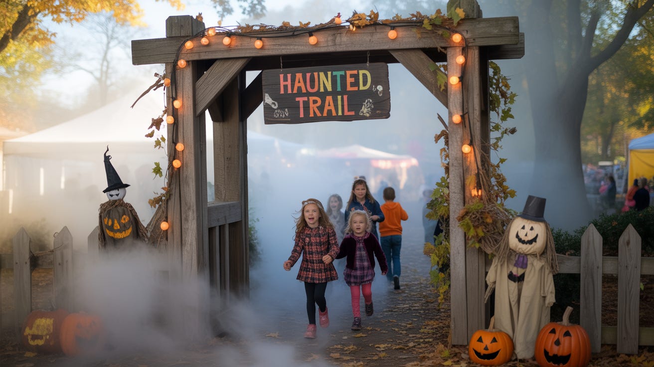 Children in costumes walk through a rustic wooden "Haunted Trail" entrance at a fall festival, surrounded by pumpkins, scarecrow decorations, fog, and autumn leaves. Children in costumes walk through a rustic wooden "Haunted Trail" entrance at a fall festival, surrounded by pumpkins, scarecrow decorations, fog, and autumn leaves.