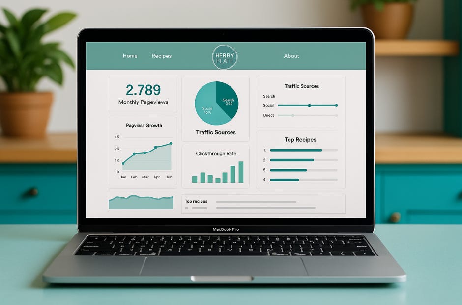 A silver MacBook on a wooden table showing a food blog analytics dashboard with traffic numbers, engagement stats, and visual data trends.