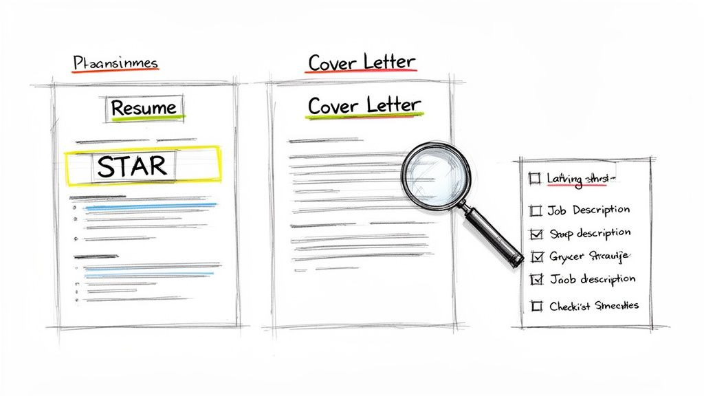 Illustration of a resume using the STAR method, a cover letter, and a checklist for job applications. Illustration of a resume using the STAR method, a cover letter, and a checklist for job applications.