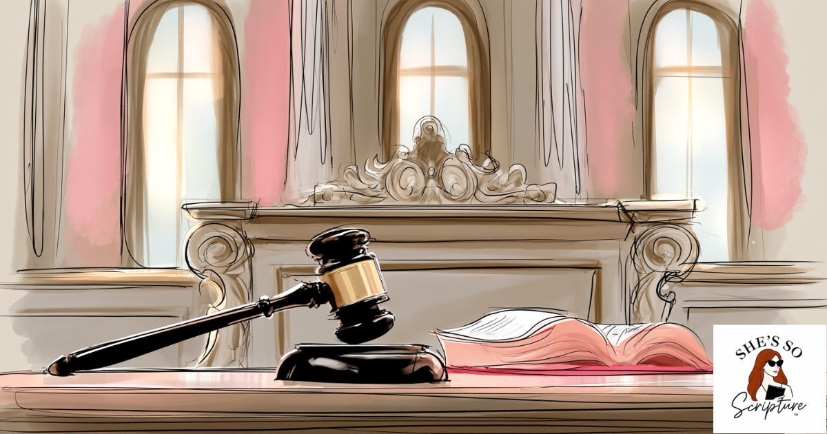 Watercolor illustration of a vintage courtroom with a judge's bench, an open Bible, and a gavel in soft pink and cream tones. Watercolor illustration of a vintage courtroom with a judge's bench, an open Bible, and a gavel in soft pink and cream tones.