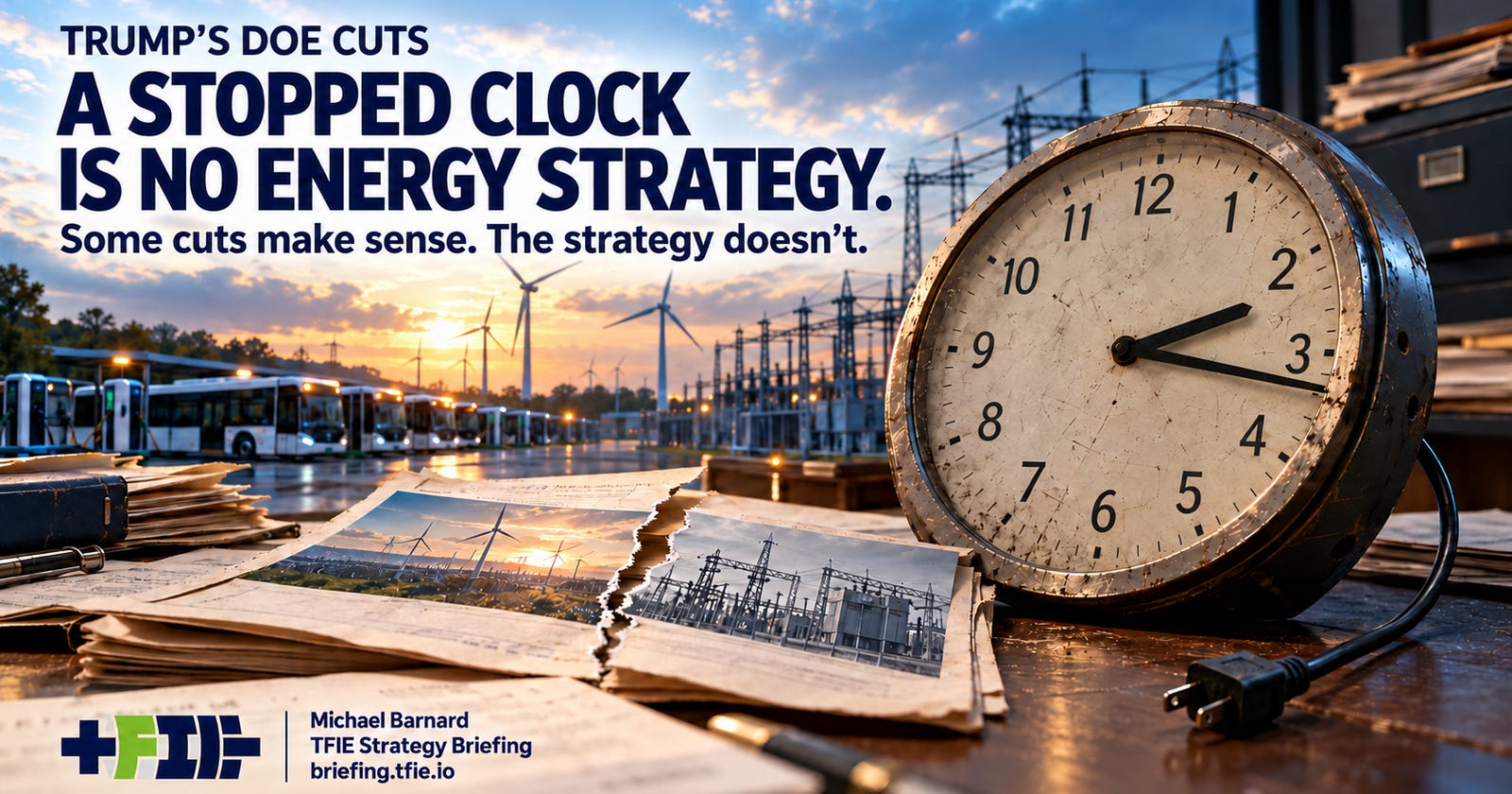 An unplugged electric clock sits on a desk among torn energy-budget documents, with electric buses, wind turbines and electricity infrastructure in the background. The headline reads, “Trump’s DOE Cuts: A Stopped Clock Is No Energy Strategy.”