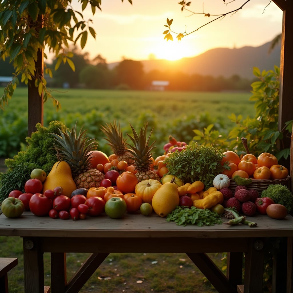 Vibrant tropical fruits and lush agricultural products arranged on a rustic wooden table, set against the stunning backdrop of a Jamaican farm at sunset, with warm, golden light casting long shadows and accentuating the textures of the produce. The atmosphere is serene, with a few scattered leaves and vines crawling up the table's legs, as if nature is reclaiming the space. 
