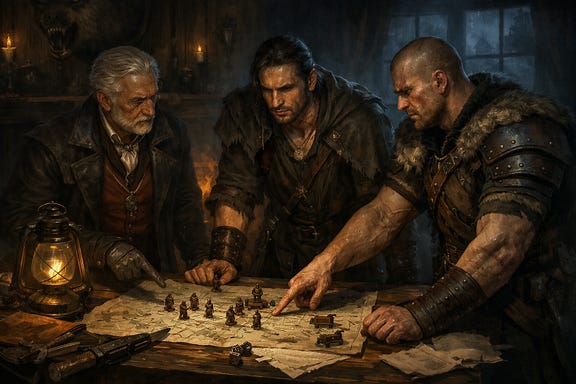 Arturi, Van Richten, and Izek planning Vallaki’s defense