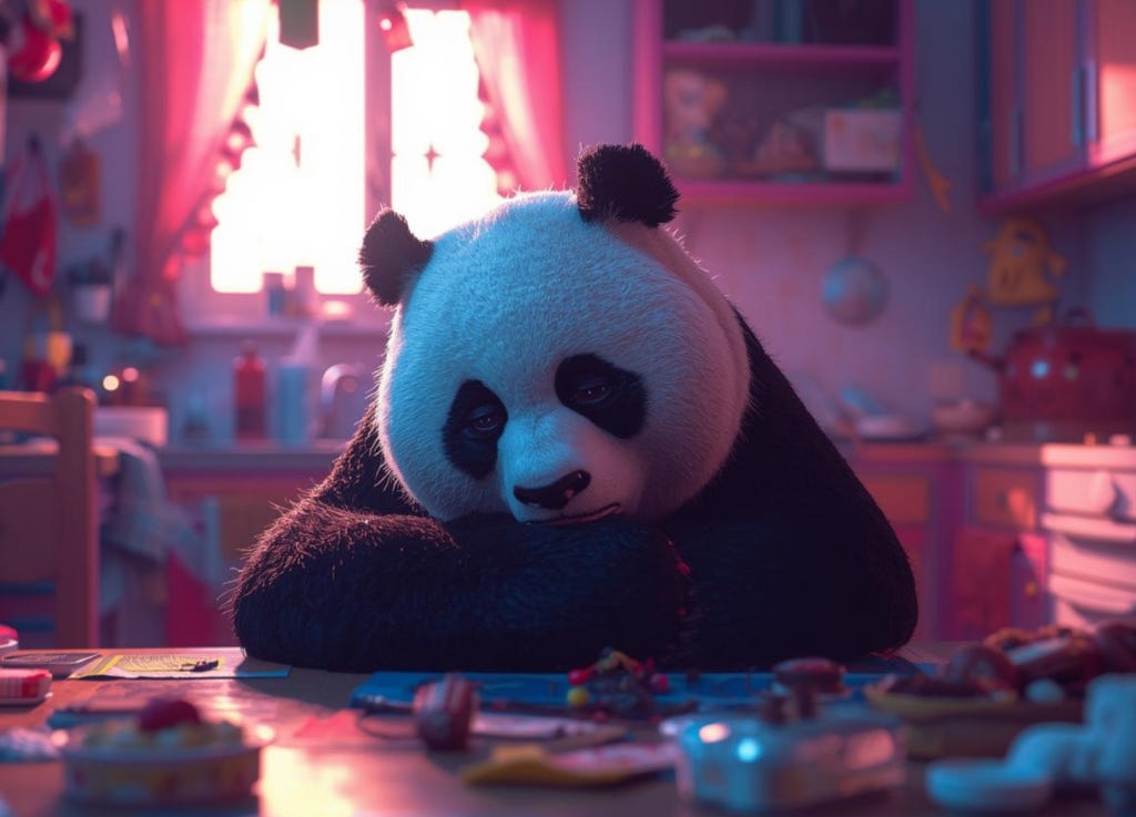 a sad  cartoon panda slumped down and sitting at a table in a messy kitchen