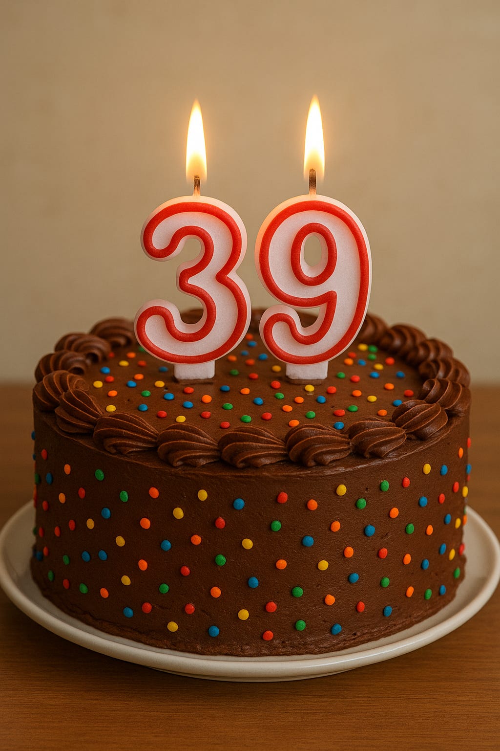 A chocolate birthday cake with multi-colored candies on the frosting. The cake has two candles for "39" that are white with red trim. The candles are lit.