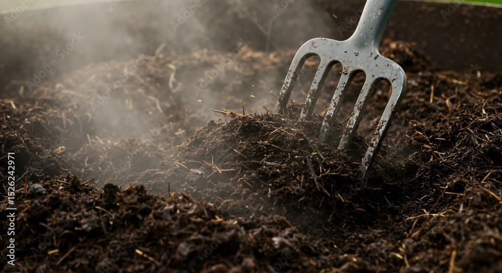 Close-up of a pitchfork turning a steaming hot compost pile, creating rich organic fertilizer for gardening and agriculture. Stock Photo | Adobe Stock Close-up of a pitchfork turning a steaming hot compost pile, creating rich organic fertilizer for gardening and agriculture. Stock Photo | Adobe Stock