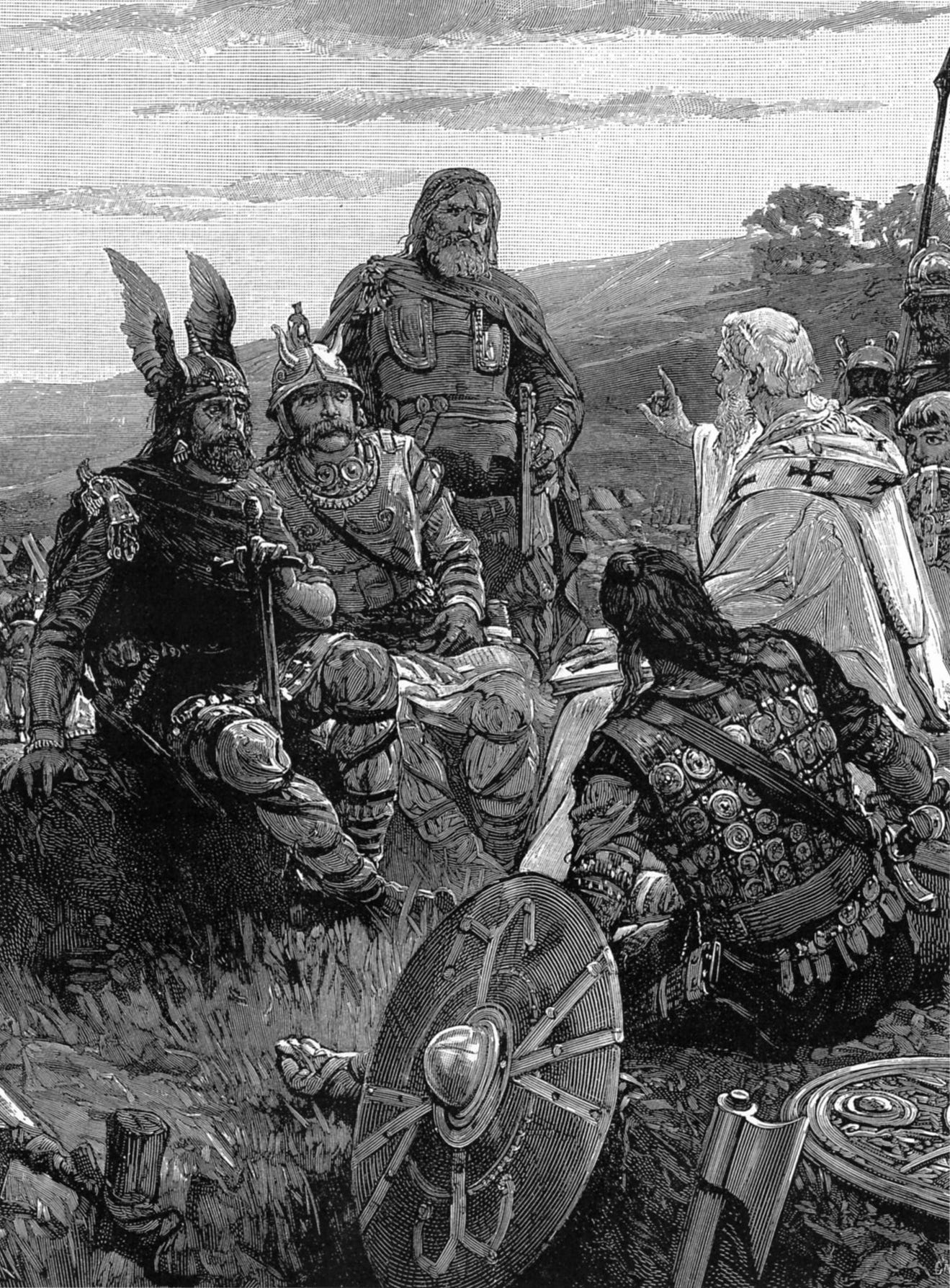 Wulfila preaching Christianity among the Germans, taken from https://en.wikipedia.org/wiki/Ulfilas#/media/File:Bischof_Ulfilas_erkl%C3%A4rt_den_Goten_das_Evangelium.jpg