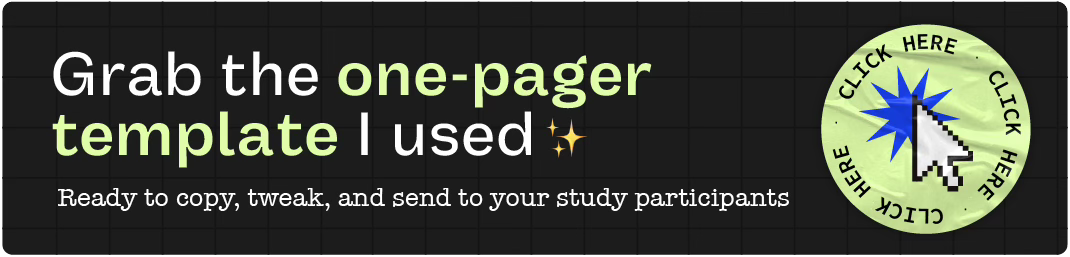 Banner saying 'Grab the one-pager template I used. Ready to copy, tweak, and send to participants' with a click icon.