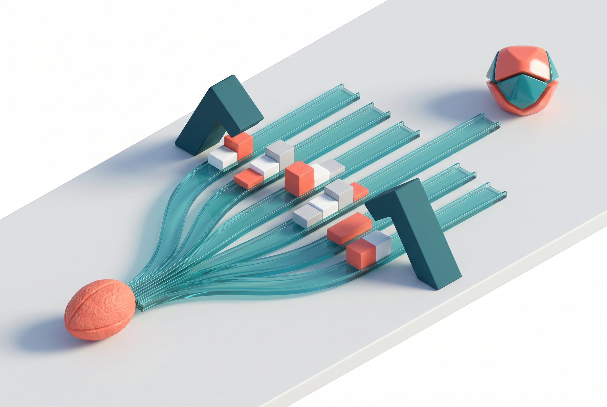 A workbench seen from above on a quiet morning, one coral seed splitting into many parallel tracks that fan across the surface, two darker shapes leaning in to inspect the work, a finished object sitting at the far end