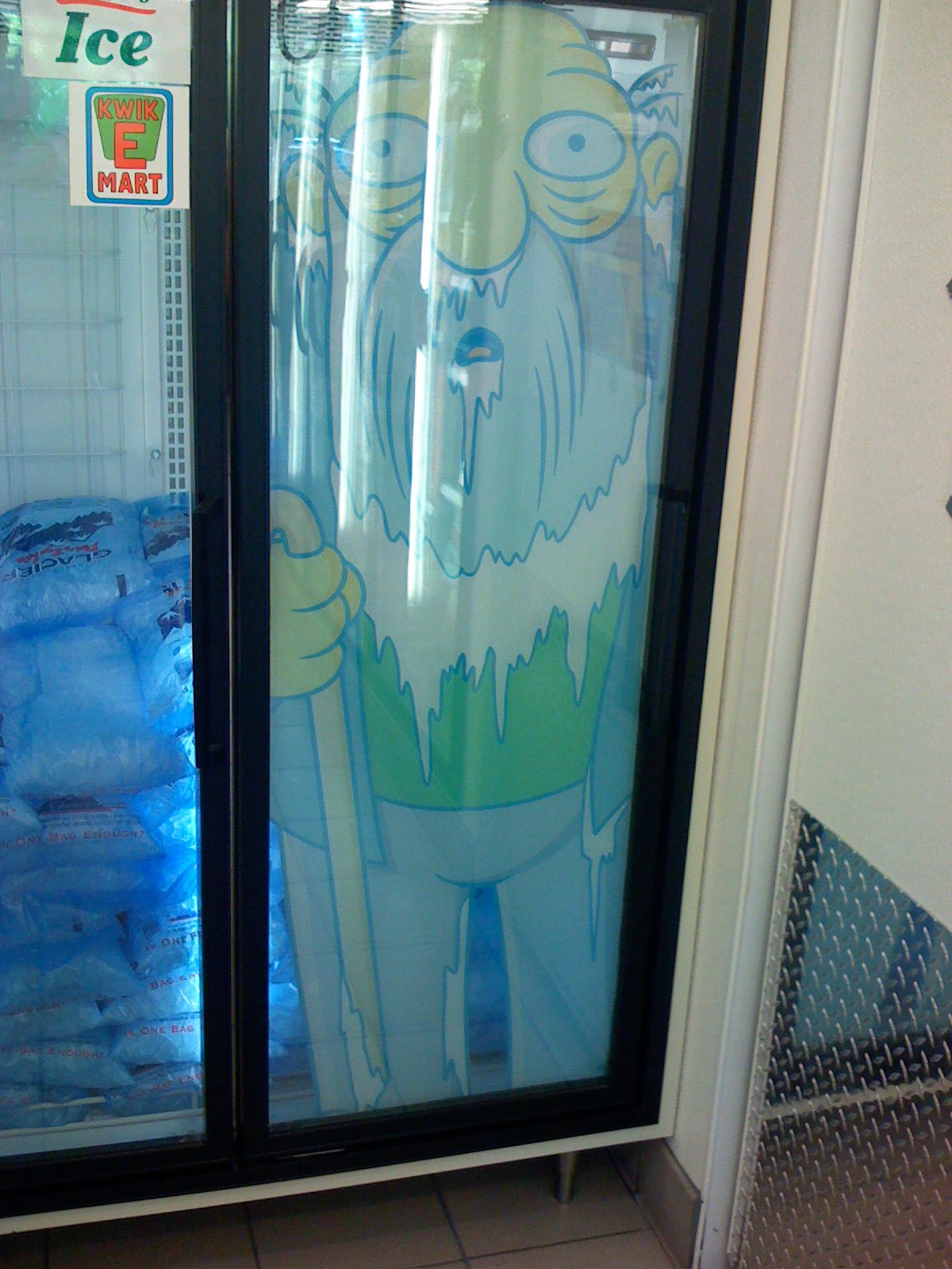 The ice freezer in the store, with a plastic image of Jasper, also known as Frostillicus, trapped inside.
