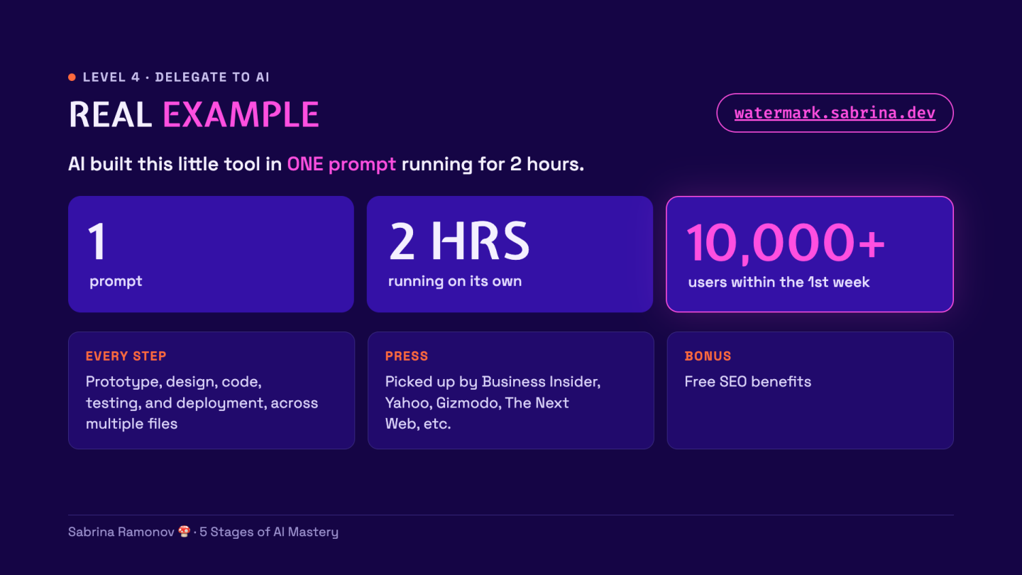 Sabrina’s watermark tool slide describes the build and its reported launch results.
