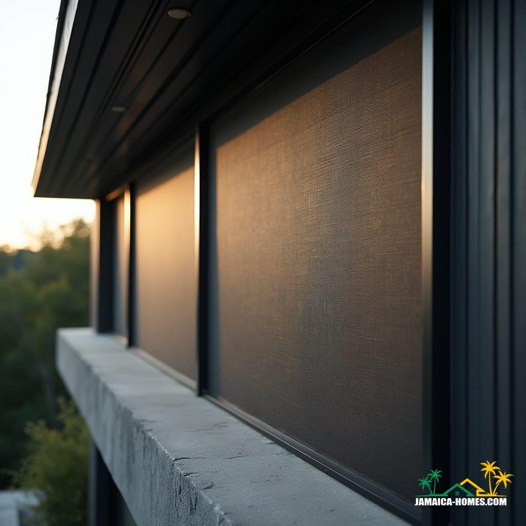 A close-up of modern storm shutters or screens covering windows, with a sleek, minimalist design that seamlessly integrates with the surrounding architecture, accentuating the house's contemporary aesthetic while providing robust protection. Inspired by the cinematic styles of Roger Deakins, Emmanuel Lubezki, and Hoyte van Hoytema, with a blend of their dramatic lighting and composition techniques. Shot on 35mm film, with a subtle film grain, vignette, and precise color grading, evoking a sense of atmospheric tension and drama, as if captured on a V-Raptor XL camera, with a post-processed, live-action look that exudes high-quality, epic, and stunning visuals.