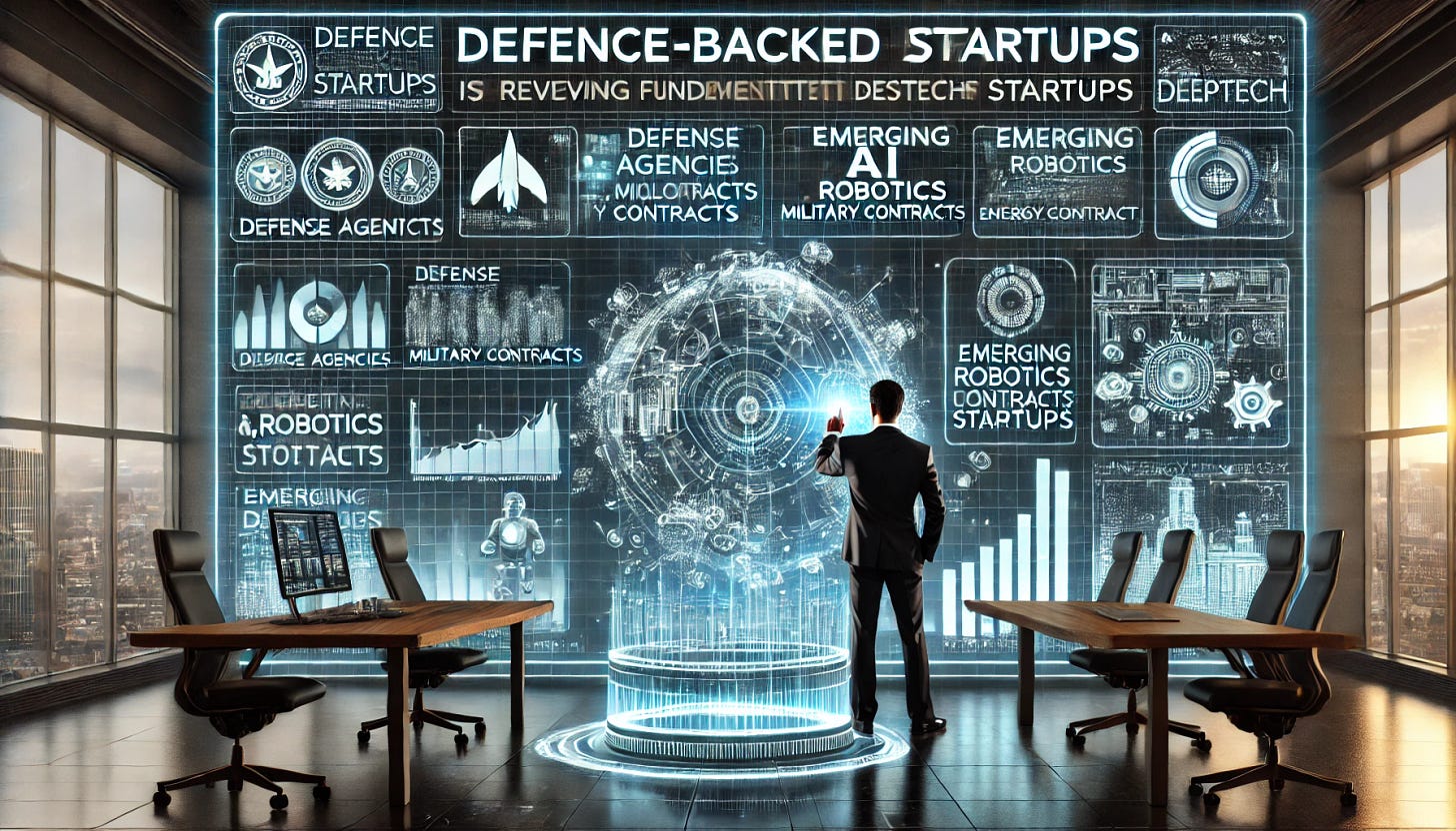 A futuristic investment analyst reviewing defense-backed deeptech startups on a high-tech digital dashboard. The dashboard highlights funding sources from defense agencies, military contracts, and emerging AI, robotics, and energy startups. The setting is a sleek, modern office with holographic data projections, illustrating the deeptech investment landscape. The overall theme is professional, data-driven, and forward-thinking, symbolizing strategic investment decisions in defense technology.