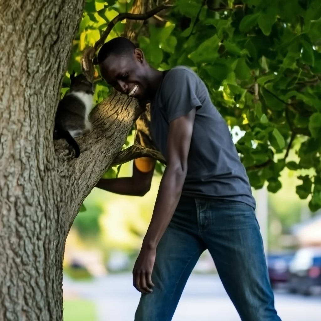 Tall super skinny smiling  black man getting cat out of tree