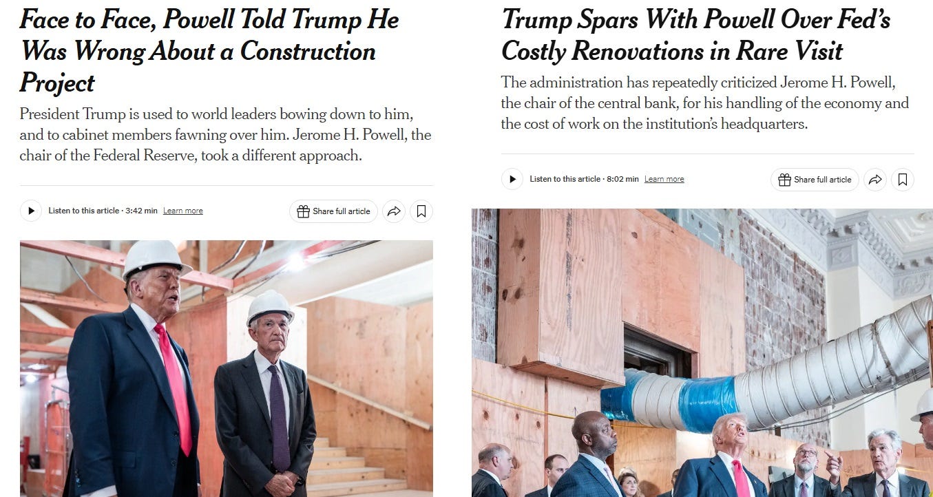 Screenshots of a pair of New York Times stories. Analysis headline: 'Face to Face, Powell Told Trump He Was Wrong About a Construction Project.' News headline: 'Trump Spars With Powell Over Fed’s Costly Renovations in Rare Visit' Screenshots of a pair of New York Times stories. Analysis headline: 'Face to Face, Powell Told Trump He Was Wrong About a Construction Project.' News headline: 'Trump Spars With Powell Over Fed’s Costly Renovations in Rare Visit'