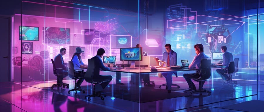 A team of people works at computers in a modern, technologically advanced office with vibrant neon lights and digital displays on the walls. A team of people works at computers in a modern, technologically advanced office with vibrant neon lights and digital displays on the walls.