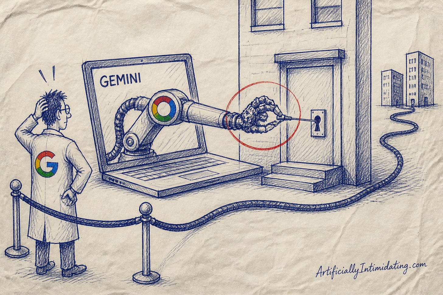 Hand-drawn sketch of a Google-branded robotic arm reaching out of a laptop labeled Gemini to pick the lock on an office door, while a Google engineer behind a velvet rope watches in surprise, a red circle around the arm's hand past the rope.
