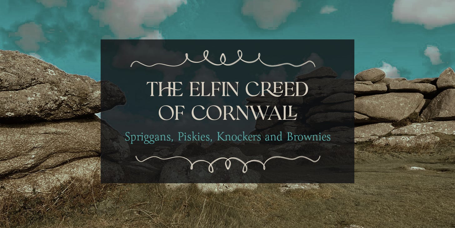 Banner for The Elfin Creed of Cornwall article showing rocks on Trencrom hill and a blue sky.