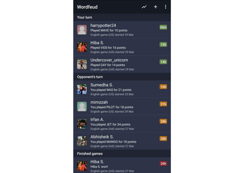 A screenshot of an app called Wordfeud that lets a user play Scrabble with friends