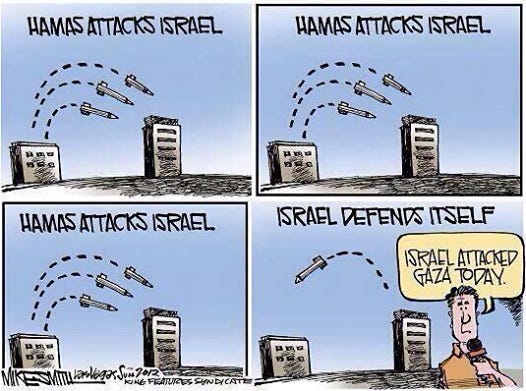 The politics of the Hamas-Israel confrontation neatly summarized in a cartoon. The politics of the Hamas-Israel confrontation neatly summarized in a cartoon.
