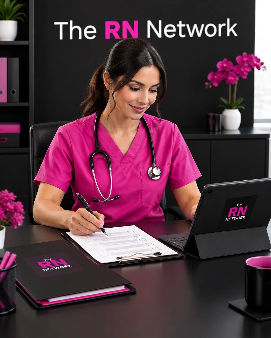 A nurse entrepreneur in pink scrubs preparing a client onboarding folder and payment tablet at a modern desk A nurse entrepreneur in pink scrubs preparing a client onboarding folder and payment tablet at a modern desk