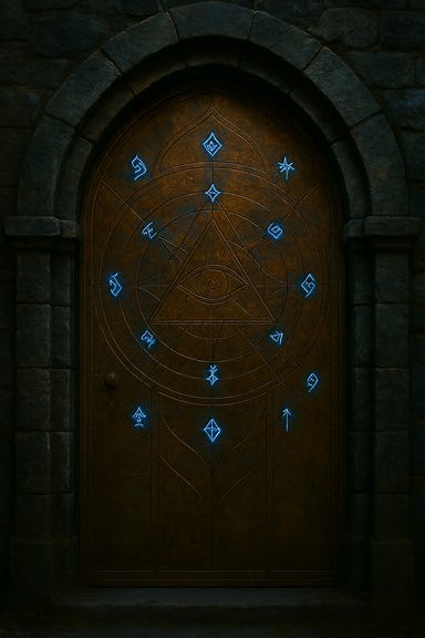 The bronze door to Khazan's tower stands tall and sealed, set into slate-gray stone. Its surface is weathered and tarnished, etched with faded sigils—a blazing sun over an open eye, half-erased by time. The door is flanked by ivy-covered stone and cracked paving. Mist curls at its base, and the atmosphere is quiet, ancient, and filled with arcane tension. The bronze door to Khazan's tower stands tall and sealed, set into slate-gray stone. Its surface is weathered and tarnished, etched with faded sigils—a blazing sun over an open eye, half-erased by time. The door is flanked by ivy-covered stone and cracked paving. Mist curls at its base, and the atmosphere is quiet, ancient, and filled with arcane tension.
