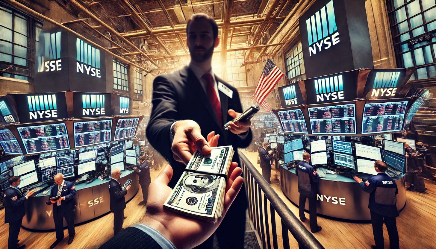 A scene inside the NYSE trading floor, specifically the 'cage' area where a business professional is exchanging cash for stock shares. One person is holding a stack of cash, while the other holds stock tickets (representing shares). The environment is bustling with financial data displayed on large screens and traders in the background. The atmosphere is intense, with a high-energy trading vibe. The image emphasizes the exchange of cash for shares in the iconic NYSE cage, with modern financial elements and a corporate feel.
