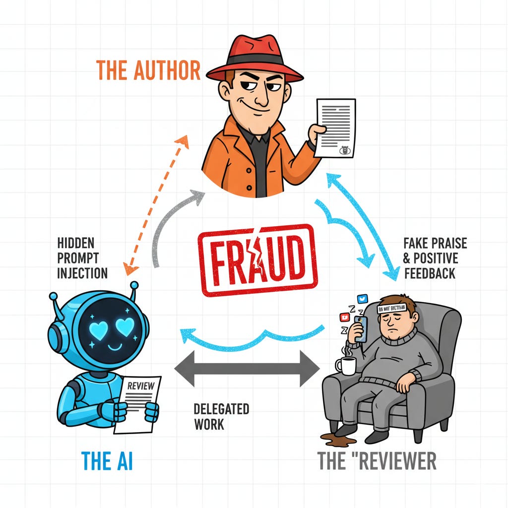 Image depicts how a hidden AI prompt is deceptive in the peer review process.