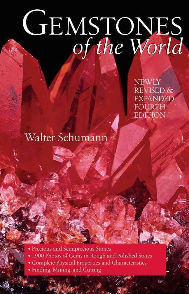 Pictured is a bright red crystal cluster with a black background trim around and the title “Gemstones of the World” in white font above it. At the bottom of the page are four relevant bullet points talking about this book edition’s current edits and additions.