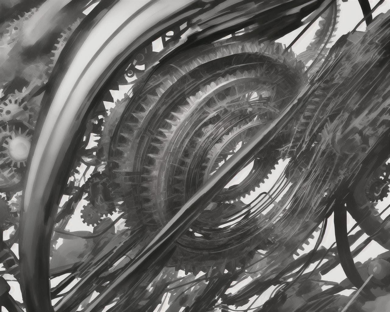 Interlocking gears in motion, representing the cyclical relationship between consistency, idea generation, and audience engagement on Substack.