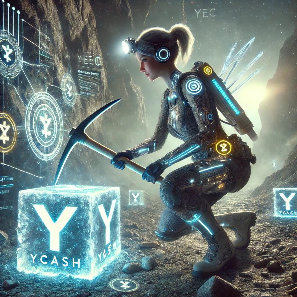 A futuristic yet rustic scene of a woman mining Ycash (YEC) cryptocurrency in a symbolic manner. She is dressed in a modern, tech-inspired outfit with glowing accents, wielding a sleek, glowing pickaxe against a crystalline block emitting digital patterns. The setting is a blend of a rugged mining environment with hints of digital elements, such as floating holographic Ycash symbols and a faint cyberpunk glow in the background. The woman appears determined and focused, with the mining environment showing a mix of realism and futuristic aesthetics.
