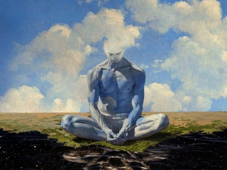 This may contain: a painting of a man sitting in the middle of water with his reflection on the ground This may contain: a painting of a man sitting in the middle of water with his reflection on the ground
