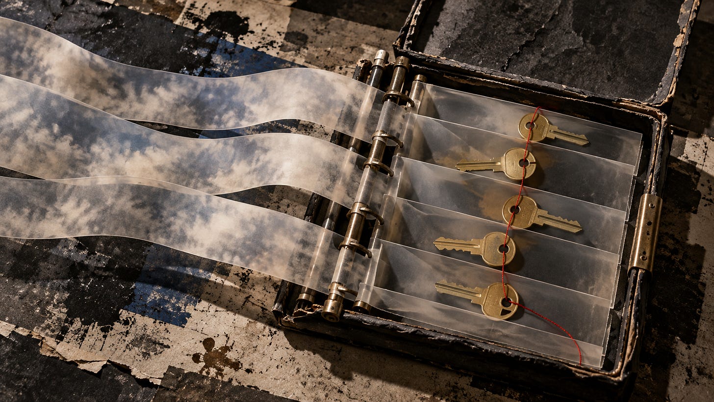 Translucent vellum cable lanes enter a black mechanical binder; inside it, brass key blanks are caught by a single vermilion thread under harsh copy-shop light.