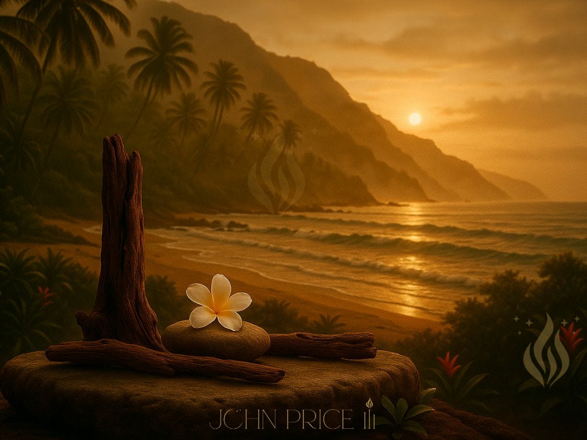 A serene tropical coastline at sunrise, where soft golden light illuminates the ocean waves and distant mountains. In the foreground, a simple altar of smooth stone, driftwood, and a single white plumeria flower rests in stillness, symbolizing reverence for nature’s quiet beauty.