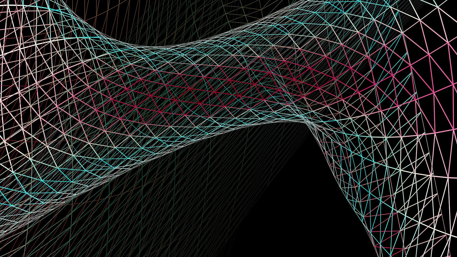 A 3D geometric wireframe showing a continuous, wave-like manifold constructed from intersecting discrete nodes and edges. The structure glows in cyan and magenta against a dark void, visually representing the mathematical concept of compressing complex relational graphs into a hierarchical latent space.