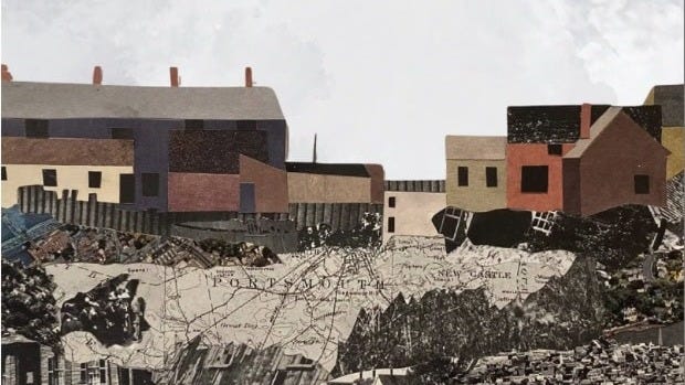 The cover of a book by E.M. Ippolito titled "The Tears of Other People: A history and memoir of displacement in Portsmouth, New Hampshire." The cover shows a composite image of photos, maps, and collage of Portsmouth underneath a gray sky.