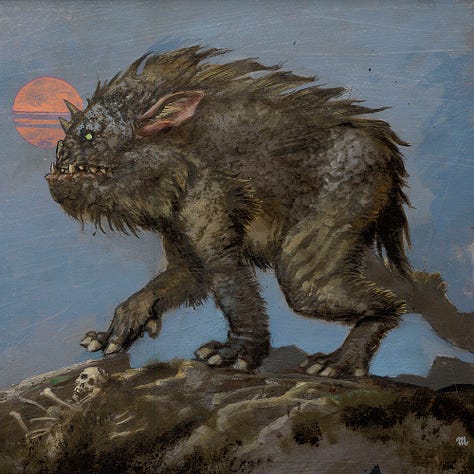 LEFT: Work-in-progress photo of TABLETOP RAMBLER on the board covering the drafting table. The figure, setting, and moon in the background are all present. CENTER: Figure detail of TABLETOP RAMBLER padding in profile along rocky terrain. Its front paw is poised to take a step, moving in unison with one back leg that has just parted from the ground. With long ear pinned back against its body, there’s a sense of motion. RIGHT: Facial detail of TABLETOP RAMBLER featuring the head of the creature with eyes glowing, a dot of green focused past the full salmon pink moon and off panel left.