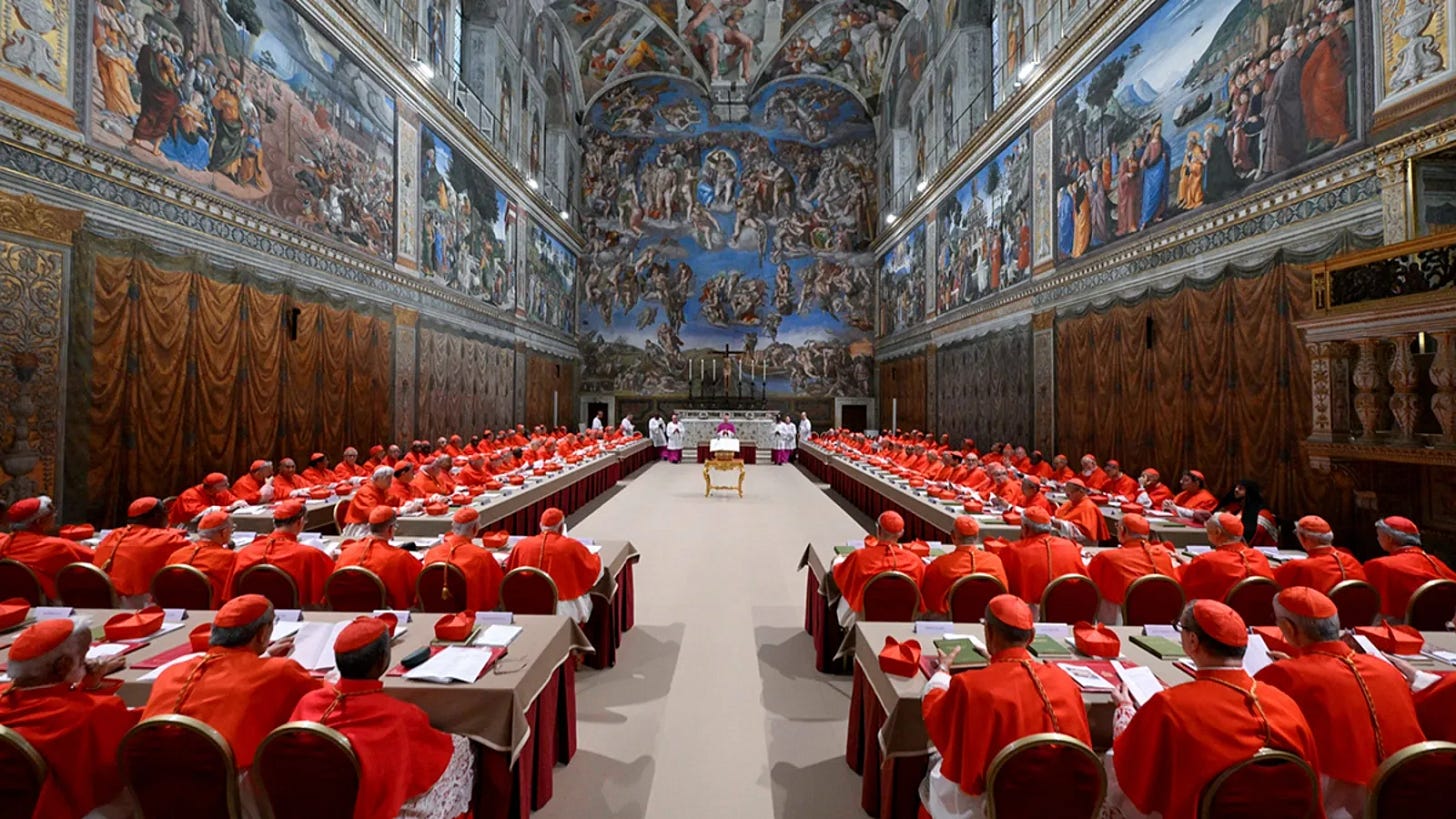 Cardinals pray in the Sistine Chapel, ahead of the conclave to elect the next pope at the Vatican, May 7, 2025. Cardinals pray in the Sistine Chapel, ahead of the conclave to elect the next pope at the Vatican, May 7, 2025.