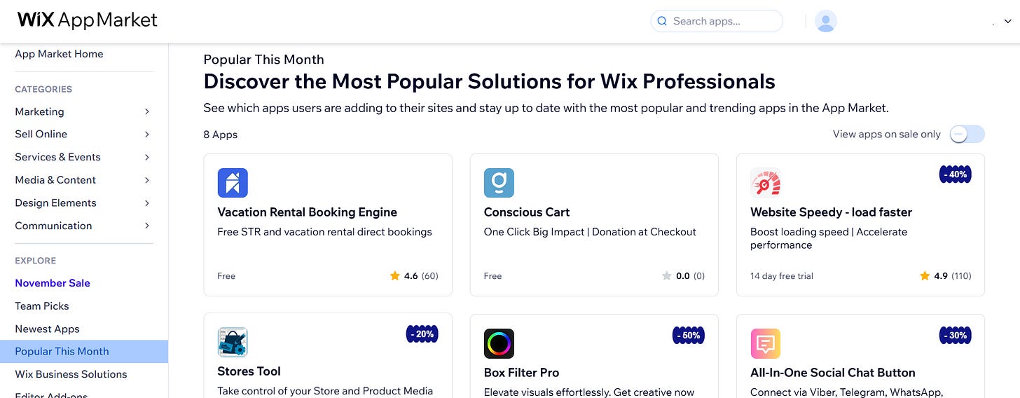 Thị trường ứng dụng của Wix là nơi có hơn 800 tích hợp của bên thứ ba